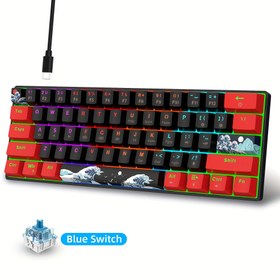 Resim HXSJ 61-Kezli Mekanik Oyun Klavyesi, 60% Kompakt Tasarım ile Mavi Anahtar, RGB Arka Aydınlatma, Ergonomik USB Mini Klavye, Masaüstü ve Notebook için, Pil Gerektirmez, USB Kablosu ve Anahtar Çekici Dahil 