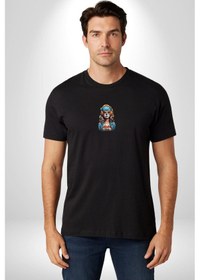 Resim Hippie Cesur Stil Dövmeli Kız Siyah Oversize Unisex Ön Orta Minimal Baskılı Tişört Siyah 