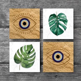 Resim Nazar, Yaprak Taş Bardak Altlığı Seti - 4 Parça - Dekoratif, Rustik Mutfak Aksesuarı, 10x10 cm, Kaydırmaz Tabanlı, Şık ve Dayanıklı SC425 