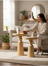 Resim ASELYA HOME Doğal Ahşap 2’li Set Mantar Yan Sehpa Modern Vernikli Fiskos Zigon Çiçeklik 