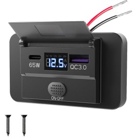 Resim Geliştirilmiş 12V/24V Çift Voltajlı USB-C Hızlı Şarj Soketi, 65W PD & QC3.0, Çift Ekran Voltmetreli, Sabit Bağlantılı/12V Güçlü Araç Prizleri - Arabalar, Kamyonlar, Tekneler ve Deniz Aracı Uyumlu, Aşırı Yük Korumalı 