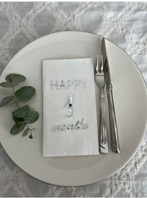 Resim Gümüş Yaldızlı Beyaz Happy 1 Yaş Months Garson Katlama Peçete 16 Adet 