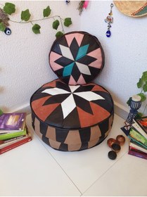 Resim Ottoman Pouffe El Yapımı Hakiki Kuzu Deri Iskandinav Bahçe Balkon Bungalov Puf Yer Minderi Ikili 60ve40cm(DOLGULU) 
