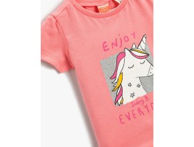 Resim Koton Kız Bebek Kısa Kol Unicorn Baskılı Pamuklu Tişört Bisiklet Yaka Pembe 