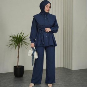 Resim Neşeli Butik kadın lacivert geniş kesim yaka detaylı kuşaklı ikili tesettür takım NBVQ3148 