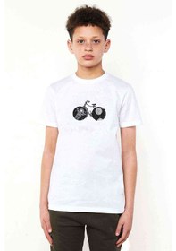 Resim Uzay Bisiklet Baskılı Unisex Çocuk Beyaz T-Shirt 