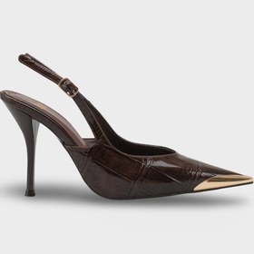Resim Kadın Stiletto Sivri Burun Arkası Bantlı Günlük Topuklu Ayakkabı Rivori Kahve Kroko 