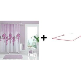 Resim Banyo Perdesi 7359 1x180x200, Perde Borusu Askı Aparatı Köşe Boru Pembe Hediyeli, Duş Perdesi Seti Pembe 