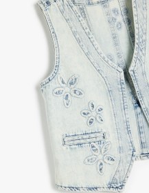 Resim Kız Çocuk Çiçek Desenli Cepli Pamuklu V Yaka Crop Denim Yelek 