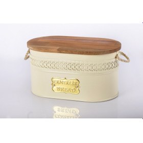 Resim Evistro Metal Ekmeklik Ahşap Kapaklı Hasır Kulplu Ekmek Kutusu Krem 