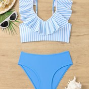Resim Gençler için Şeritli Ruffle Tankini Seti - Polyester ve Spandeks Karışımı, Yüksek Esnek Örgü Kumaş, İnce Fit Spagetti Askılı Üst ile Koordineli Alt, Ruffle Detayları, Şerit Deseni - HT053 HT530 