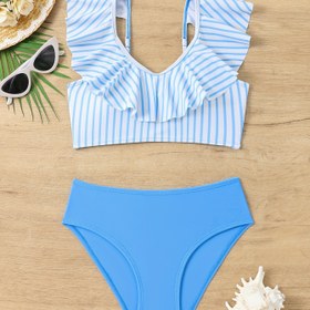 Resim Gençler için Şeritli Ruffle Tankini Seti - Polyester ve Spandeks Karışımı, Yüksek Esnek Örgü Kumaş, İnce Fit Spagetti Askılı Üst ile Koordineli Alt, Ruffle Detayları, Şerit Deseni - HT053 HT530 