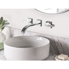 Resim Berraco Duvara Monte Lavabo Bataryası Musluğu, Çift Kulplu, Mat Pirinç Gümüş 