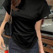 Resim Kadınlar İçin Şık Asimetrik Etekli Tişört - Esnek Örme Kumaş, Yuvarlak Yaka Günlük Üst, Her Mevsim Kullanıma Uygun, Elde Yıkanabilir/Kuru Temizleme, Düz Renk Moda Tişörtü, Rahat Kesimli 