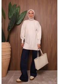 Resim Balenbi Kare Dokulu Oversize Yumoş Tesettür Triko Tunik 7012 Ekru 