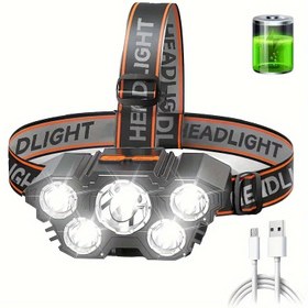 Resim 1 Adet Şarj Edilebilir LED Kafa Feneri, 5 LED'li Parlak ve Güçlü, Taşınabilir Kamp Acil Durum Aydınlatması, Balıkçı İş Işığı 
