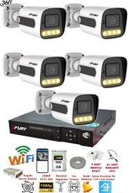 Resim Fury 5 Kameralı Su Geçirmez 1080P 4x Ultra Ledli Gece Renkli Güvenlik Kamera Seti 5500 500 GB 
