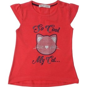 Resim Toontoy Kız Bebek Simli Kedi Baskılı Tişört Nar Çiçeği 