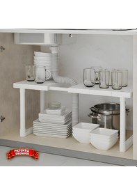 Resim Ayarlanabilir Genişletebilir Modüler Tek Katlı Dolap İçi Düzenleyici Raf Çok Amaçlı Raf Plastik Beyaz 