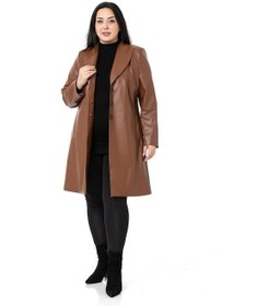 Resim Büyük Beden Cepli Düğme Kapamalı Astarlı Deri Kahverengi Kaban-kahverengi Kahverengi 