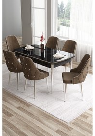 Resim Canisa Tia Serisi 80x132 Açılabilir Mdf Siyah Mermer Krom Detay Yemek Odası Takımı Ve 6 Kahverengi Sandalye Masa Siyah Mermer Desen Sandalye Kahve 
