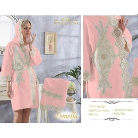 Resim Donella Pudra Bayan Fransız Dantelli Balayı Çeyizlik Bornoz Seti Pudra 