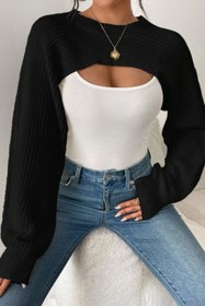 Resim Tarz Cool Kadın Siyah Dekolteli Crop Triko Bolero 