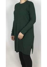 Resim Saç Örgü Desenli Kolları Düğme Detaylı İnce Triko Tunik Zümrüt Yeşili 