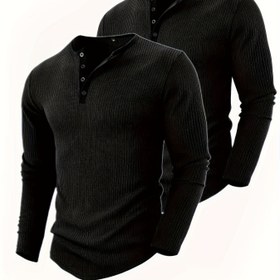Resim 2 Adet Henry Yuvarlak Yaka Dört Düğmeli Uzun Kollu Erkek Moda Trend Üst 