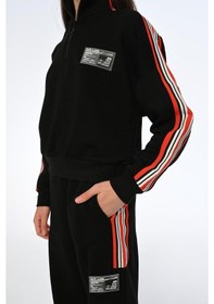 Resim Kız Çocuk Yarım Fermuarlı Kolları Şeritli Dik Yaka Sweatshirt-13399-siyah Siyah 