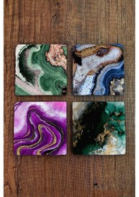 Resim Doğal Taş Bardak Altlığı Mermer Desenler Baskılı 4'lü Set Çok Renkli 