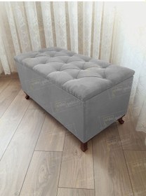 Resim Lüks Sandıklı Kapitoneli Ayakucu Puf Bench 120 Cm Ceviz Ayak Gri 