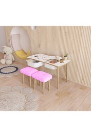 Resim Fahrettin Küçük Montessori Çocuk Masası Oyun Masası Aktivite Masası Çalışma Masası - 2 Adet Welsoft Pembe Puflu 