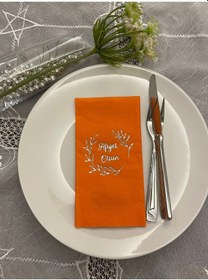 Resim Gümüş Yaldızlı Turuncu Afiyet Olsun Çiçekli Çelenk Garson Peçete 16 Adet 