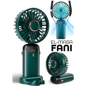 Resim Lcd Ekranlı Şarjlı El Fanı Mini Vantilatör 5 Kademe Sessiz Boyun Askılı Yeşil Fan 