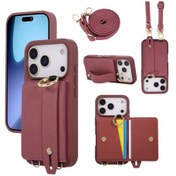 Resim Topshop1 iPhone Uyumlu 17 Air Deri Kırmızı Lychee Desenli Kartlık Bilek Kayışlı Kılıf 