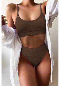 Resim Angelsin Yüksek Bel Fitilli Kumaş Tankini Bikini Üstü Kahverengi 