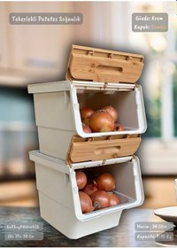 Resim 2 Li Bambu Tekerlekli Sebzelik Patates Soğan Sepeti Şık Organizer Patateslik Soğanlık Kutu 24 L Bambu 