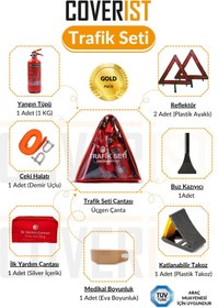Resim COVERİST Üçgen Trafik ve İlk Yardım Seti - Muayene Uyumlu 1 KG Araç Yangın Tüpü - 2 Adet Reflektör - Gold Pac 