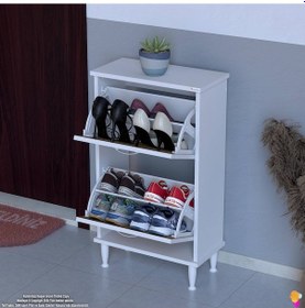 Resim Modilayn Umay Kapı Önü 52 X 90 X 25, 5 Cm Lik 2 Düşer Kapak 4 Göz Bölmeli Ayakkabılık Beyaz - Ceviz 