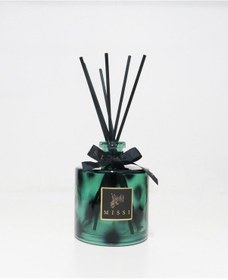 Resim Missi Yeşil Leopar Desenli Cam Şişe Siyah Bambu Çubuklu Yasemin Sandal Oda Kokusu 500 ML 