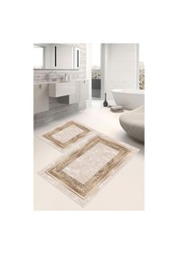 Resim Dijital Baskı Çerçeveli Kaymaz Taban 2li Set Banyo Paspası Klozet Takımı 50x60cm-60x100cm Krem 
