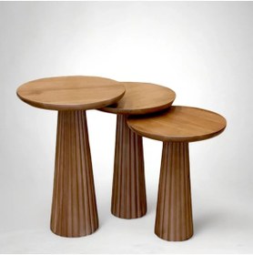 Resim Simillo Home&Living Wood Ahşap 3’lü Set Tütün Renk Fitilli Mantar Yan Sehpa Fiskos / Çiçeklik Modern Doğal 