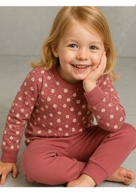 Resim Kız Çocuk Çiçek Desenli Pamuklu Yumuşak Dokulu Pijama Takımı-16056 Gül Kurusu 
