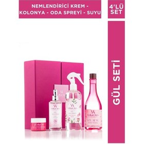 Resim Gül Seti (Gül Özlü Nemlendirici Krem - Gül Kolonyası Cam Şişe - Gül Oda Spreyi - Gül Suyu) 