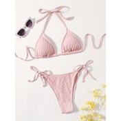 Resim Pembe Dokulu Kayış Bikini Seti İnce Çizgilerle 