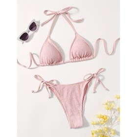 Resim Pembe Dokulu Kayış Bikini Seti İnce Çizgilerle 