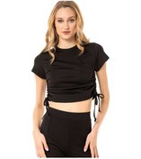 Resim Vishenka Kadın Yandan Büzgülü Crop Bluz Siyah 