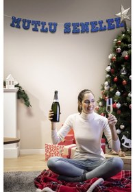 Resim Lacivert Mutlu Seneler Yazılı Banner, Özel Gün, Davet Organizasyonu ,yeni Yıl, Yılbaşı Sofrası, Simli Eva Banner 