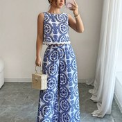 Resim 2 parça Kadın Bitki Desenli Yuvarlak Yaka Kolsuz Üst ve Pantolon Takımı 
